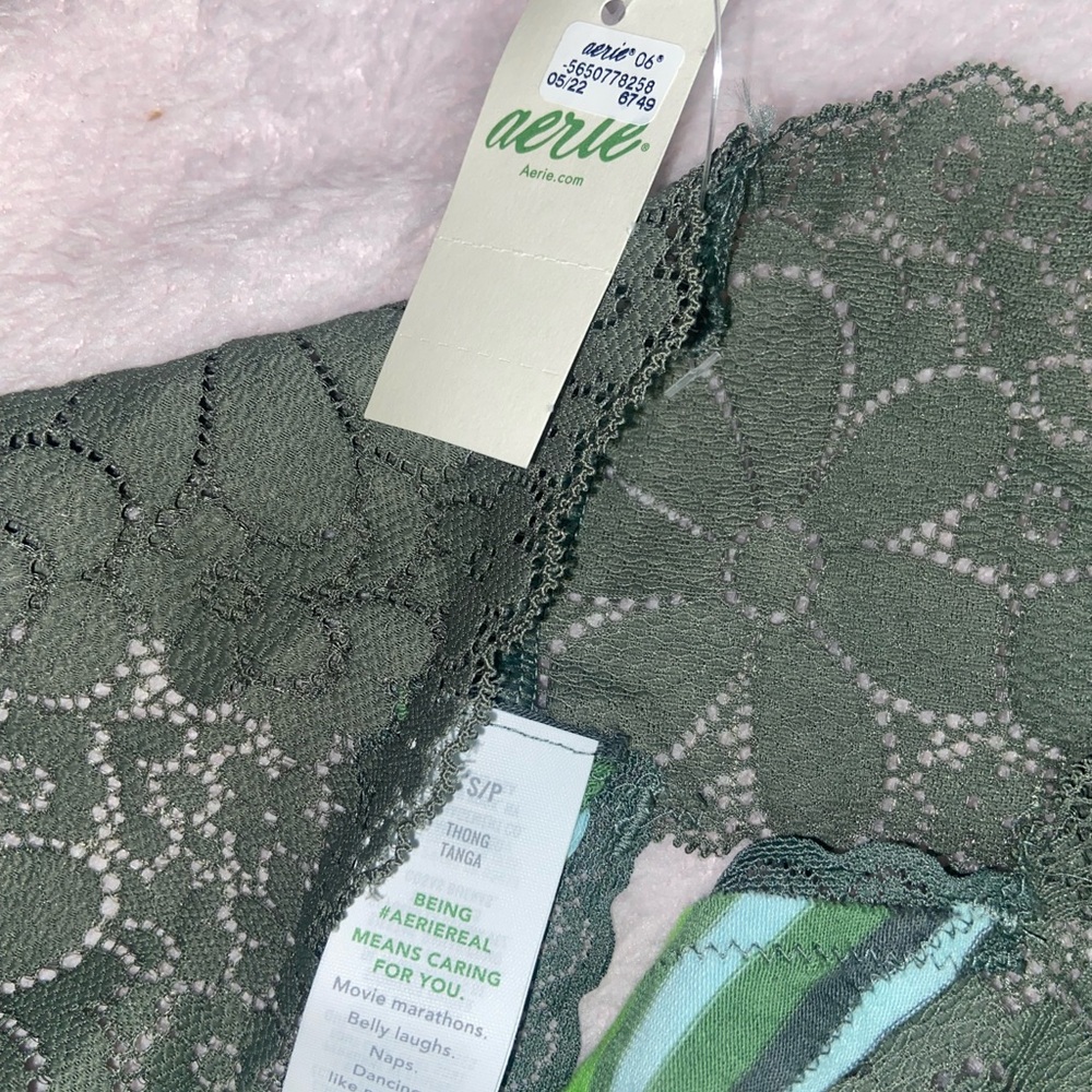 AERIE Candy Lace Top Thong Underwear Panties Sz XS Green Stripes 95% Cotton NWT - Picture 2 of 3